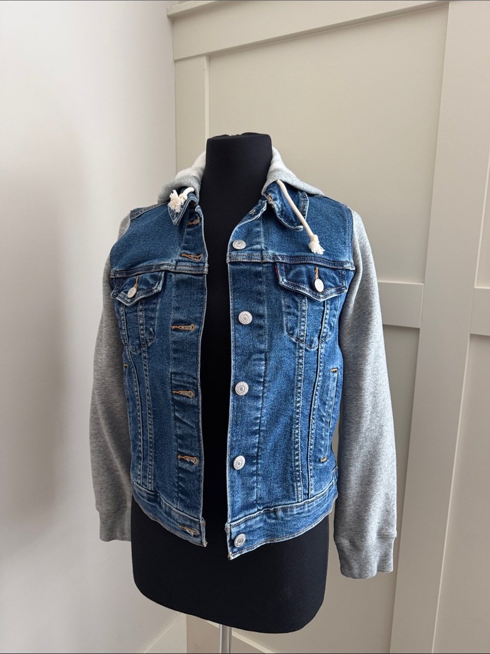 Blue Denim Jacket with Grey Hoodie Sleeves